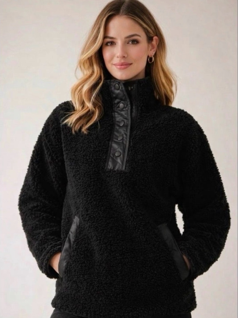 NWT Athleta Cozy Sherpa Snap Sweatshirt Black Quilted Pullover | Med